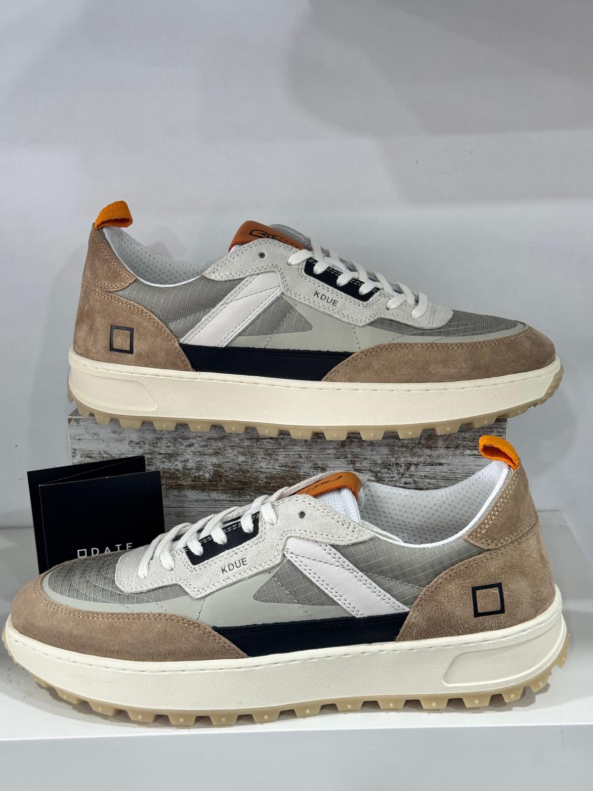 D.A.T.E. Sneakers Uomo KDUE Ripstop Army, Basse In Pelle E Tessuto Beige Con Suola Trekking - Made In Italy